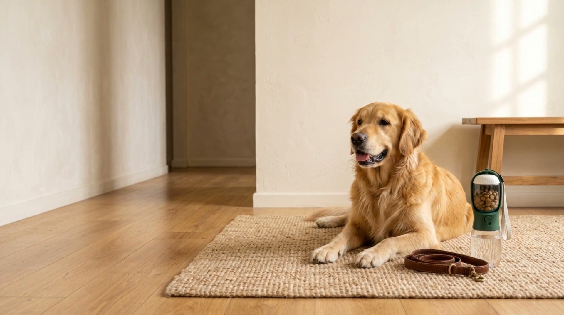 A golden retriever resting on a jute rug in a sunny entryway, next to a green walk bottle and a leather leash