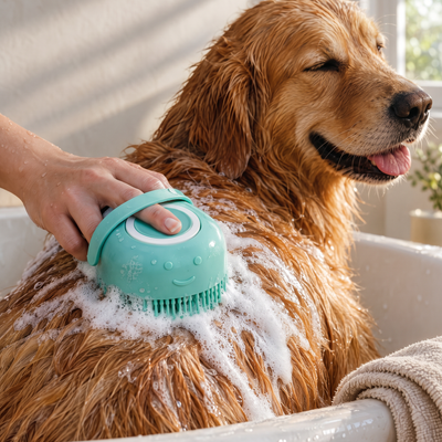 A mint silicone bath brush lathering shampoo into a golden retriever's wet fur