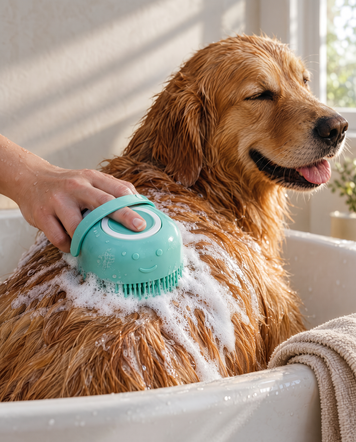 A mint silicone bath brush lathering shampoo into a golden retriever's wet fur