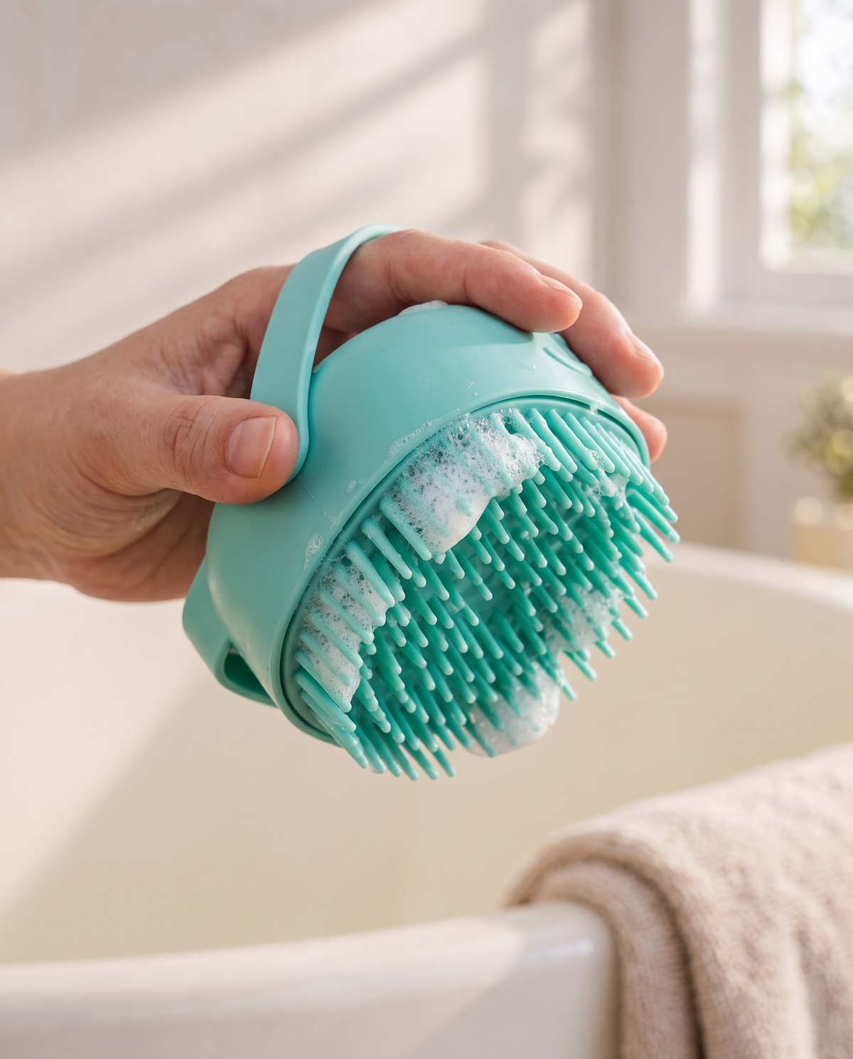 The mint bath brush held by its strap, showing the push cap and soft bristles