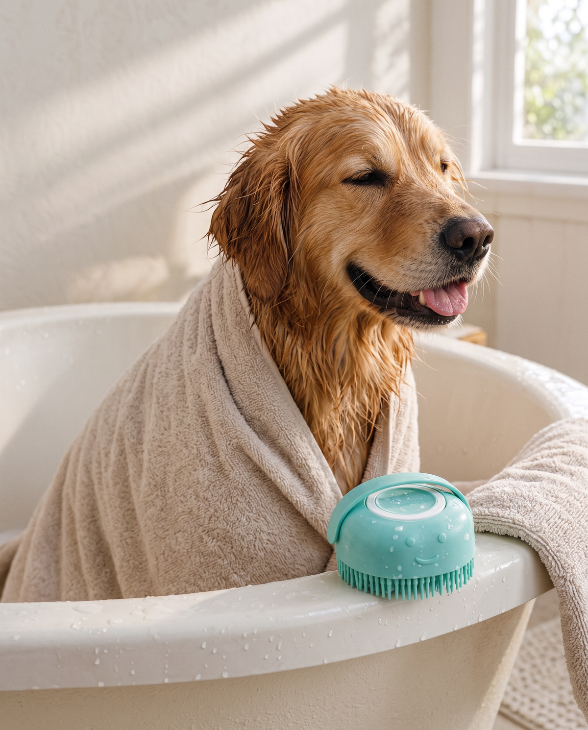 A golden retriever wrapped in a towel after a bath, the mint brush on the tub edge